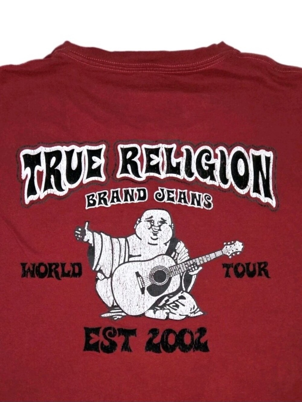 True Religion World Tour Flocked Logo TShirt Mens Size 2XL Dahlia Red Streetwear